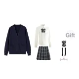 Navy Blue Cardigan+V-Neck Length Sleeve+Dark Night Killer Short Skirt, Includes Bow Ties+Calf Socks+Hanger