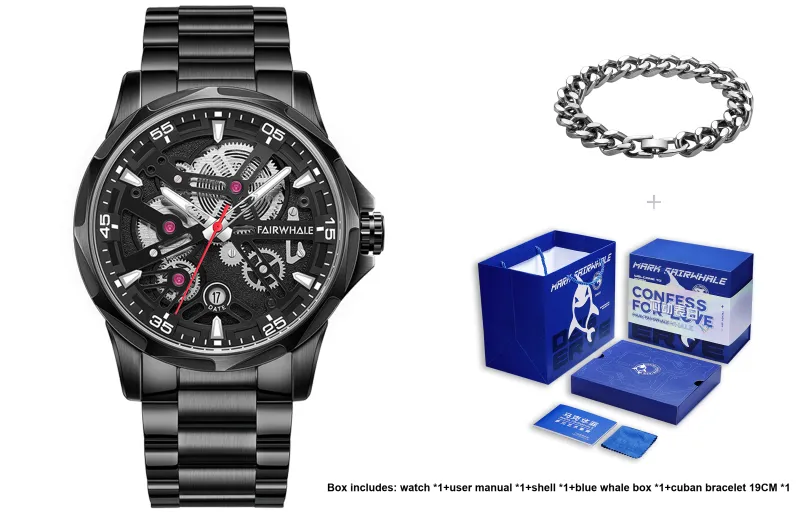 FAIRWHALE Starlight Collection Automatic Mechanical Movement Metal Strap Watch Men's Watches White Dial-2