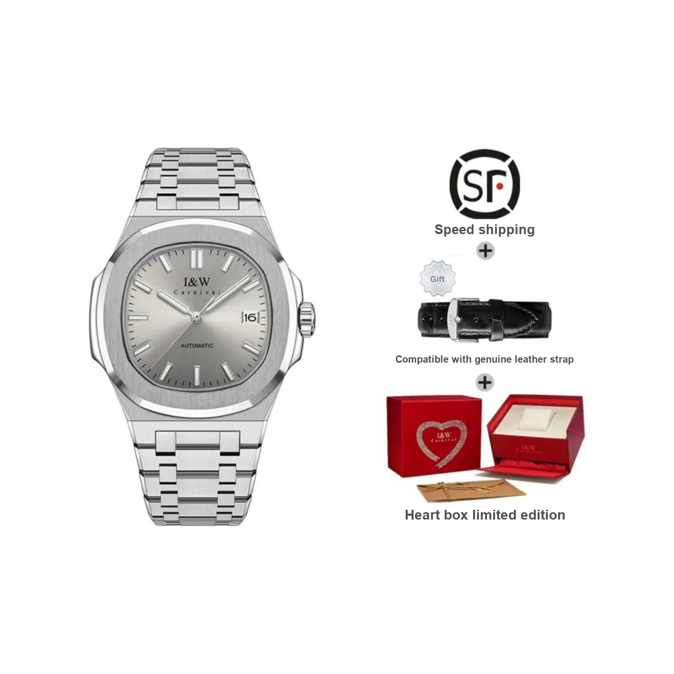 I&W CARNIVAL HWGUOJI Automatic Mechanical Movement Stainless Steel Watchband Watch Men's Watches Gray Dial