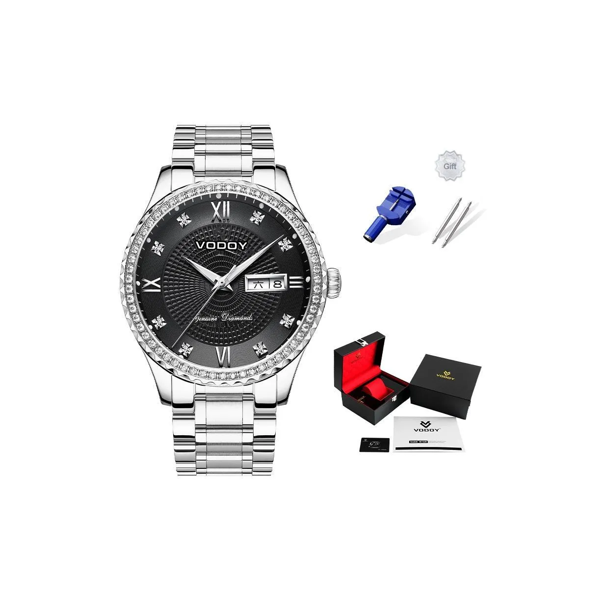 VODOY Студенты Кампус Студенты Таблица Кварцевый механизм Нержавеющая сталь Ремешок Часы Мужские часы Черный циферблат