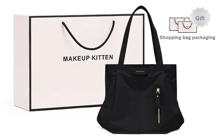 MAKEUP KITTEN Synthetic Leather Tote Bag Shopping Bag Shoulder Bags Large Size Women's Ecru/Black-10