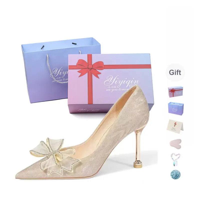 Take The Qin Slim Heel High Heels Women's Champagne Gold Gift Box Set-19