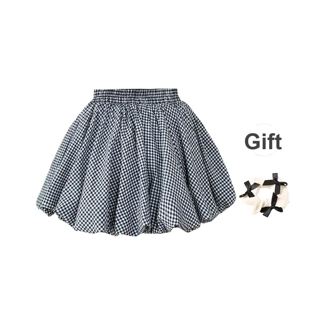 TURN UP Casual Short Skirts Women's Black Plaid Pattern+Bowknot Hair Tie Comes With