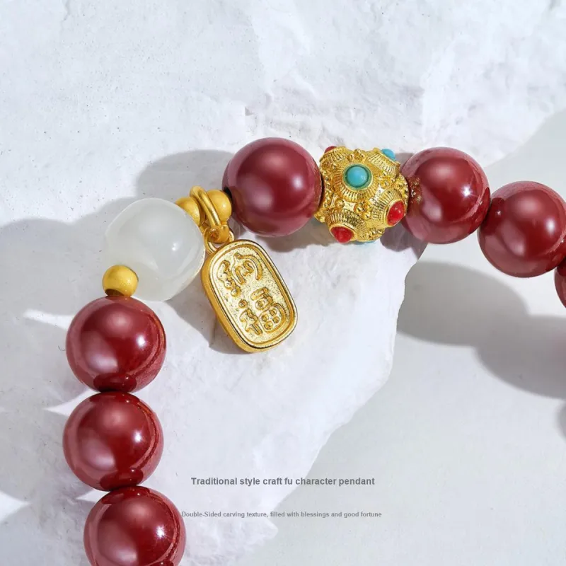 ME LUXE Cinnabar Beaded Bracelet With Smooth Journey Pendant Unisex-3