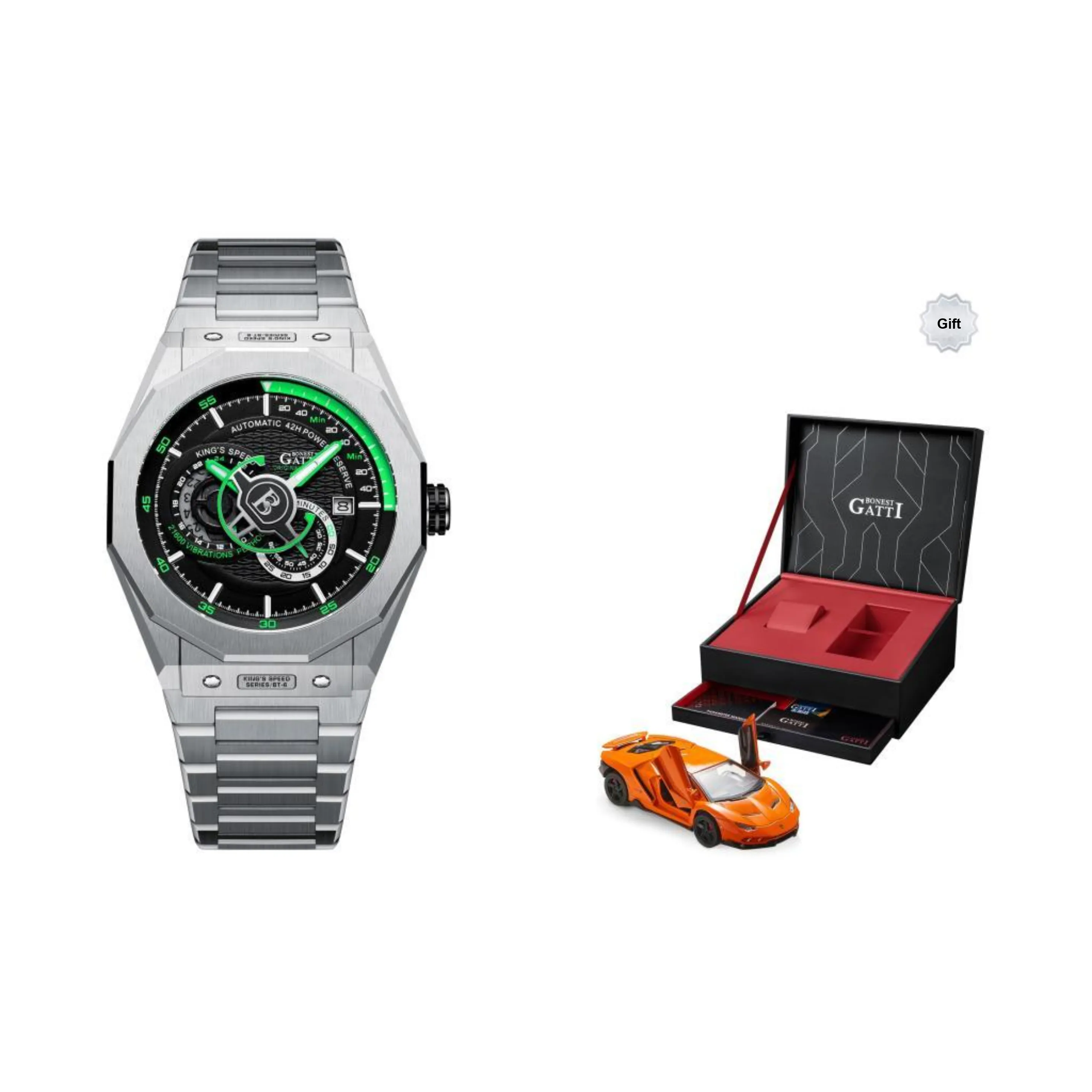 BONEST GATTI King Speed Automatic Mechanical Movement Rubber Strap Watch Men's Watches Black Dial