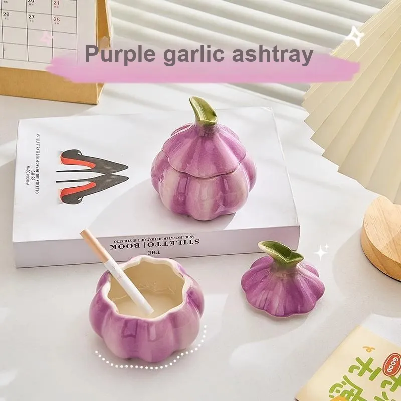 JIANYUJIAFANG Garlic Ceramic Ashtray With Lid, Dustproof, Creative, Cute, Quirky, Living Room, Bedroom-1
