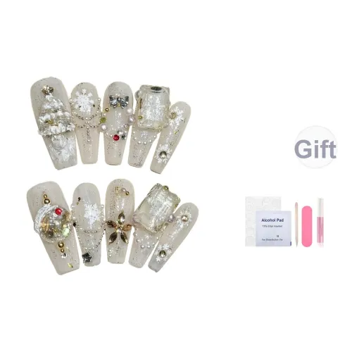 Fanze Aurora Shimmer Snowflake Stars Christmas Tree False Nail Long White 30MM