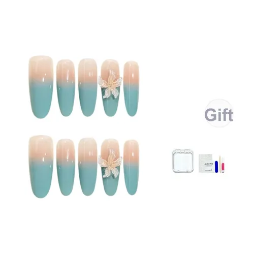 JINGCHANXUE [Xia Yu Sheng HUA] Холодный 3D эффект Ледяной Цветочный дизайн False Nail Овал Мятно-зеленый Градиентный Кошачий глаз 20 мм