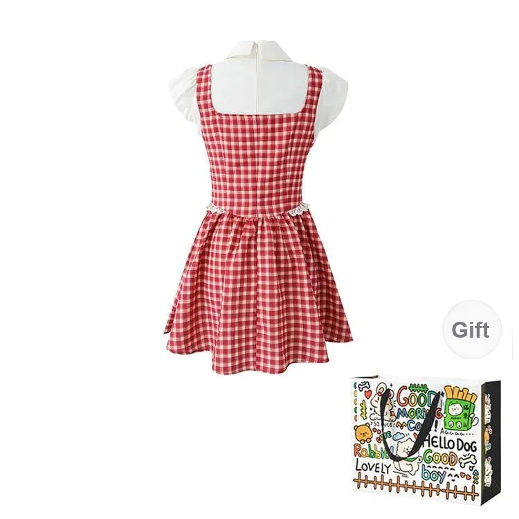 Dippanis Short Sleeved Dress Women's Red Plaid-1