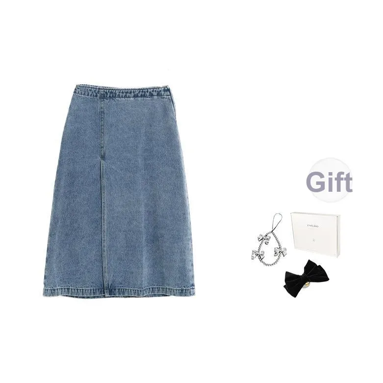 Fstudio Лето Корейский стиль A Линия Утягивающий Свет Полу-Длинный Деним Длинный Юбка Женские