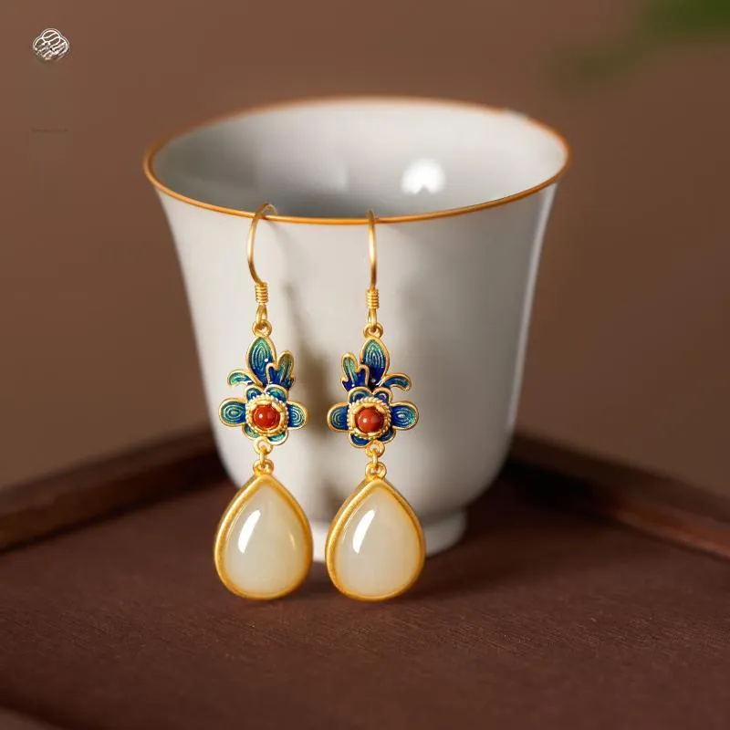 Fu Ru Ji Hetian Jade Earrings Pale Greenish White Jade Women's-2