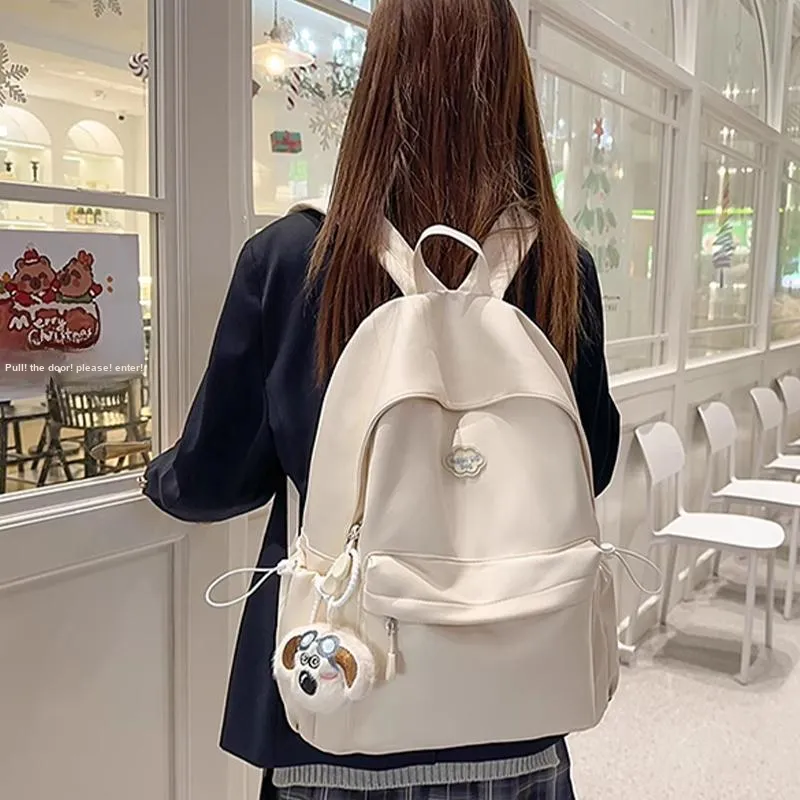 Tonlion Nylon Fabric Backpack Unisex White/Black-4