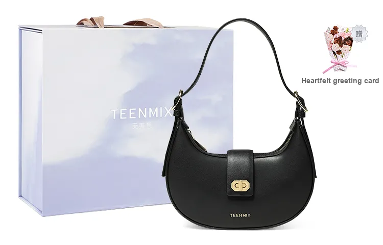 Teenmix Cow Leather Crescent Bag, Shoulder Bag Medium Size Women's Mocha/Black-0