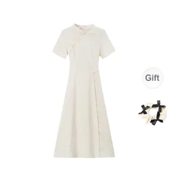 TORIGHT Short Sleeved Dress Women's Apricot+Bowknot Hair Tie Comes With