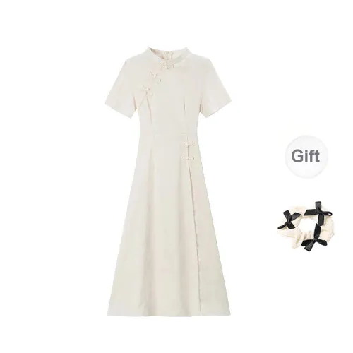 TORIGHT Short Sleeved Dress Women's Apricot+Bowknot Hair Tie Comes With