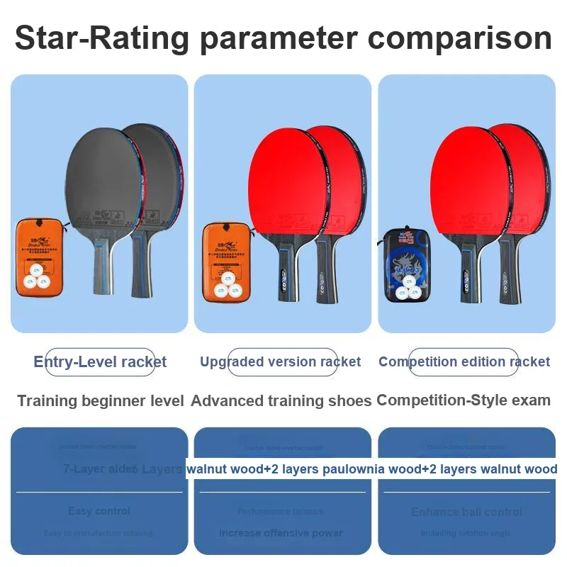 DOUBLEFISH Ping Pong Paddles Unisex Pure Wood Blade Double Sided Inverted Rubber Black/Red Double Shot Deluxe Set-11