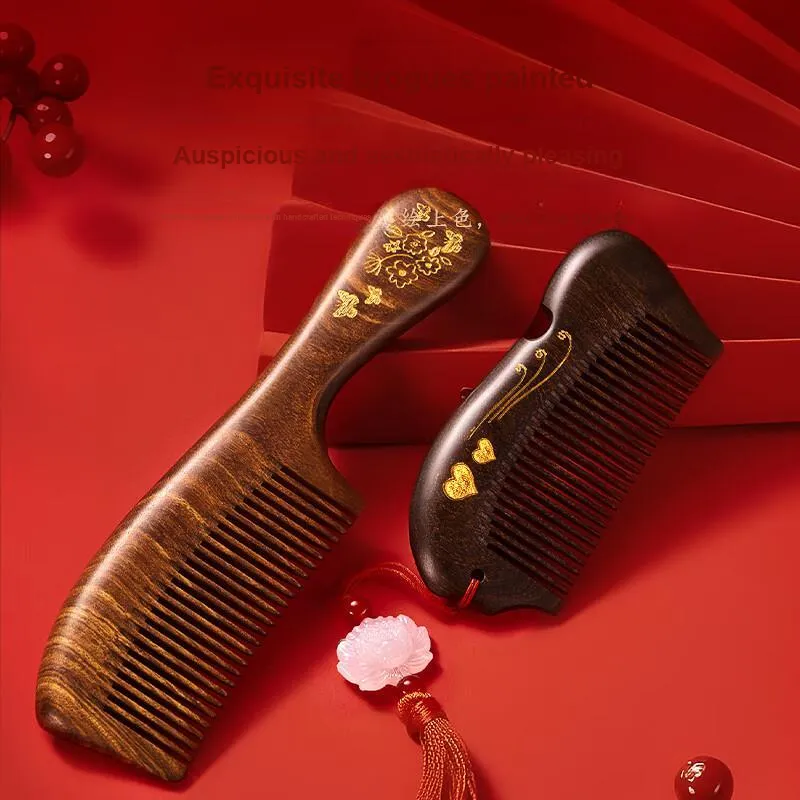 ANTINOB Tan Yun Double Comb With Floral Design Sandalwood Comb Portable-3
