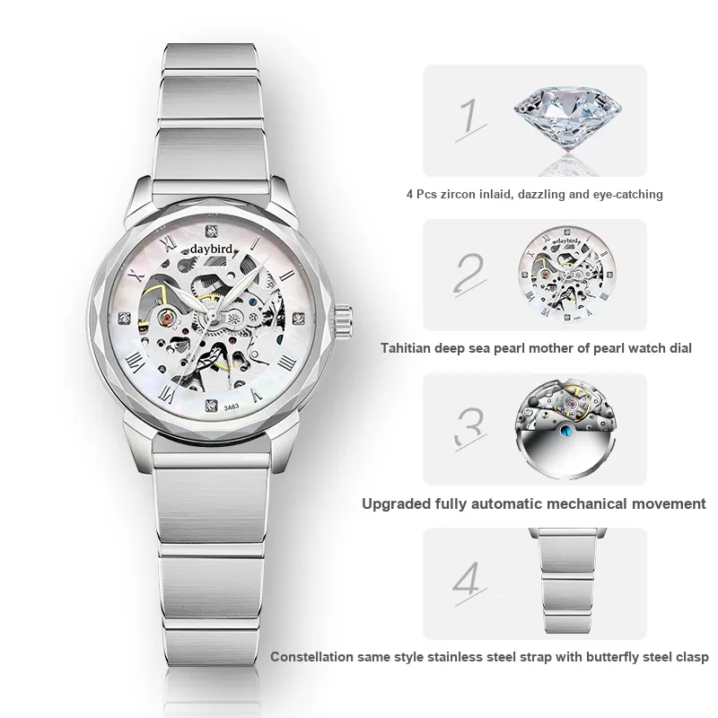 DAYBIRD Mechanical Movement Stainless Steel Watchband Watch Women's Watch Blue Dial-6