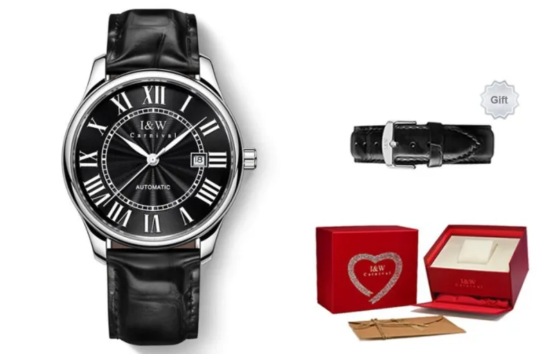 I&W CARNIVAL HWGUOJI Automatic Mechanical Movement Genuine Leather Strap Watch Unisex White Dial-3