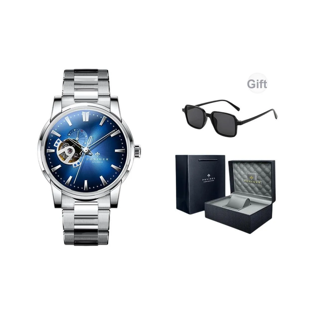 PONIGER Автоматический Механический Механизм Кожаный Ремешок Мужские Часы Золотой Циферблат