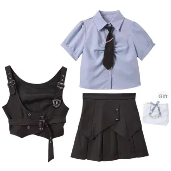 Cotton Gene Uniforms Women's 310 Blue Shirt With Bow Tie+Vest+Skirt+Shopping Bag