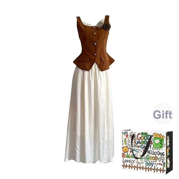 OURUOKE Two Piece Skirt Sets Women's Brown Top+Apricot Skirt Shopping Bag