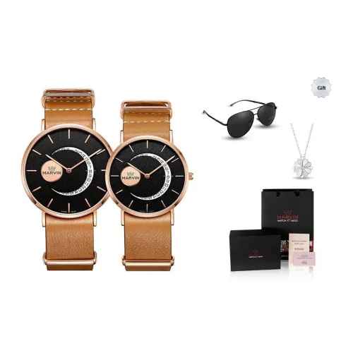 MARVIN Кварцевый механизм Унисекс Часы Черный циферблат Корпус из нержавеющей стали Ремешок из натуральной кожи