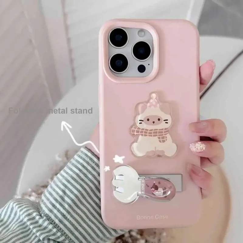 Sopi Silicone Material 3D Effect Kitten Fork Stand Phone Cases Compatible With IPhone 16/15 Pro Max/Apple 13/14 Pro/Max-1