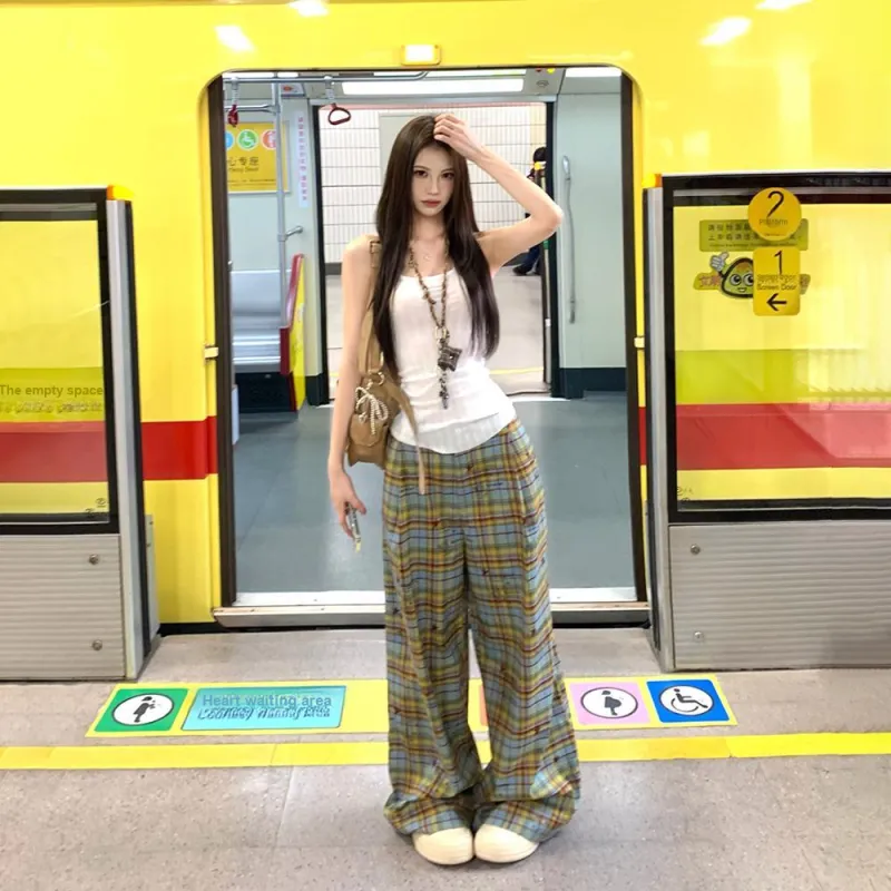 RTNH Casual Pants Women's Yellow Blue Plaid-2