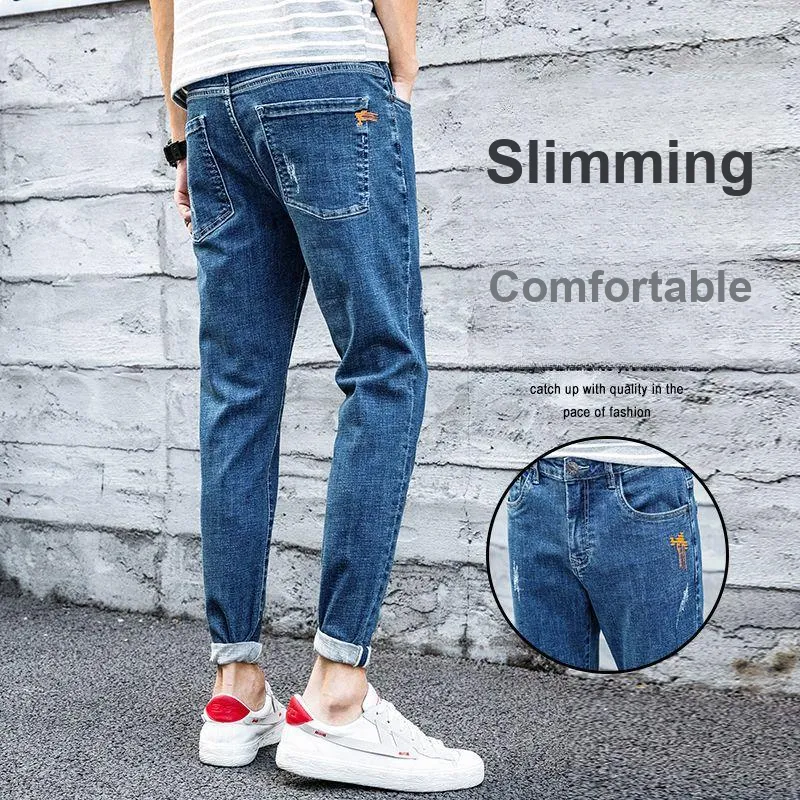 YUQIAN Jeans Men Blue Ankle Length Pants-4