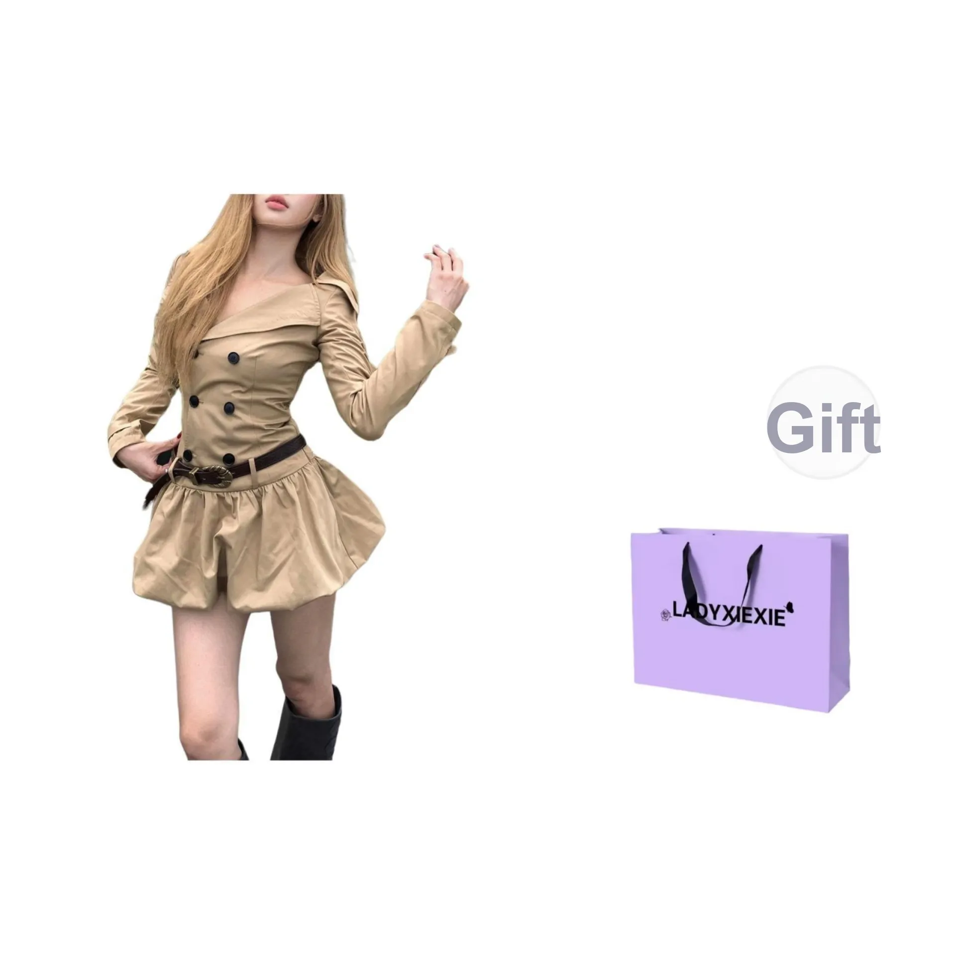 LADYXIEXIE Хаки Платье [с Ремнем] Женское Длинное Платье с Длинными Рукавами