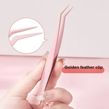JONBOS Viscose Resistant False Eyelash Tweezers Stainless Steel, Golden Feather Clip, Makeup Tool For Eyelash Stylists