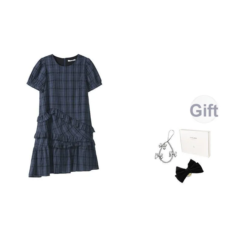 Fstudio Шотландский Винтаж Нерегулярный Короткий Рукав Платье Женское Темно-синий