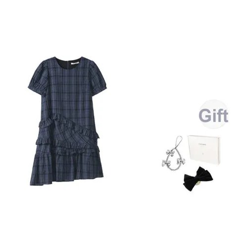 Fstudio Шотландский Винтаж Нерегулярный Короткий Рукав Платье Женское Темно-синий