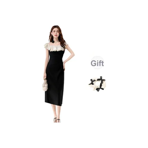 Черный + Бант Резинка для волос С подарками Женские Короткие Платья с рукавами