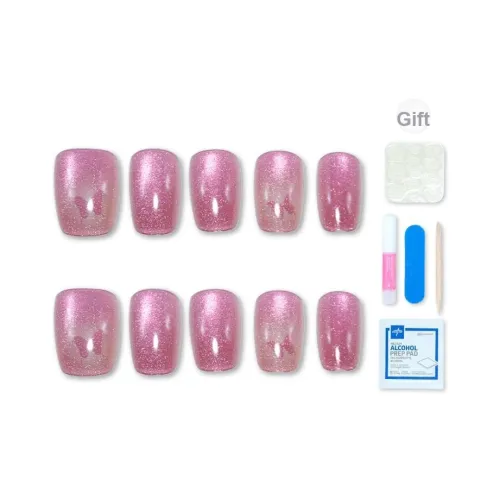 MAXFINE Pink Butterfly Cat's Eye Ледяной кристалл Блестки False Nail Короткий Квадрат Розовый Смудж 14 мм