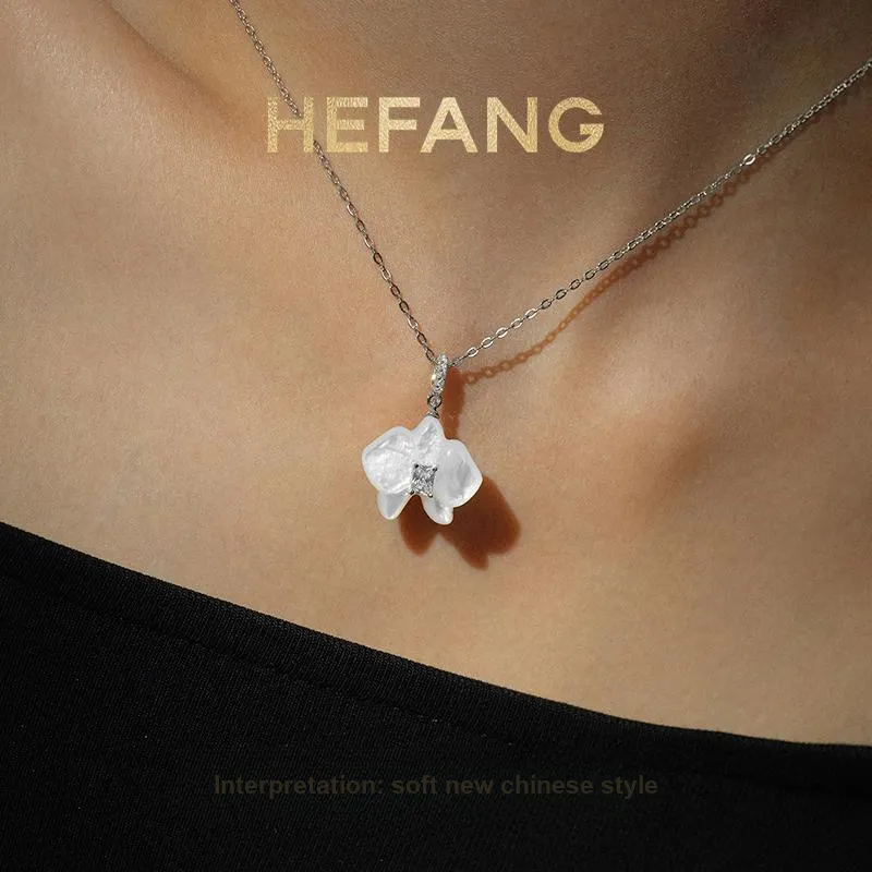 HEFANG All Things Spiritual Collection 925 Sterling Silver Mother Of Pearl Moth Orchid Collarbone Chain Women's-1