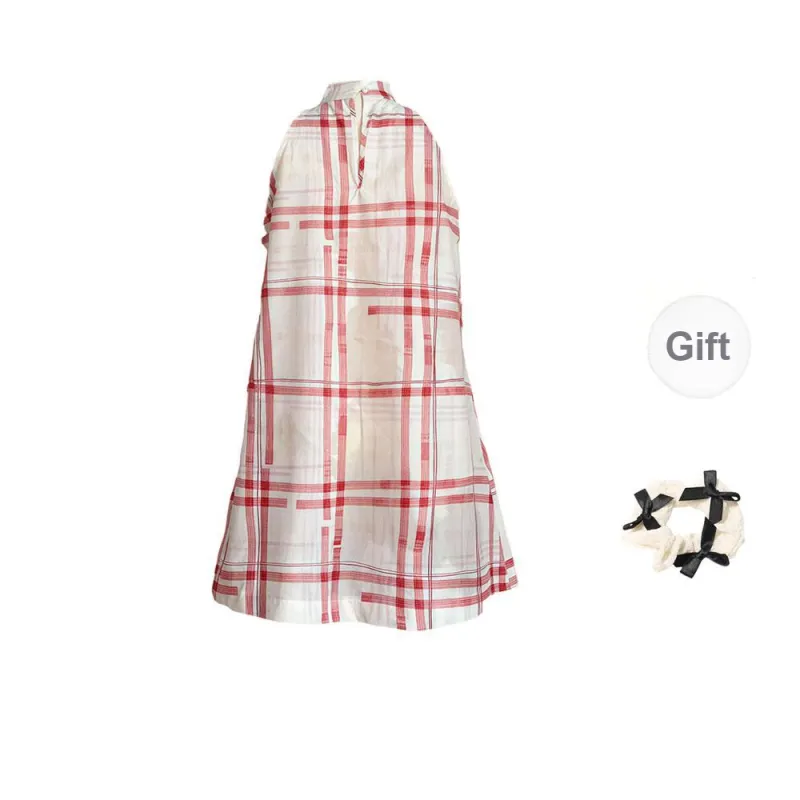 CPAURA Sleeveless Dress Women's Red Plaid+Bowknot Hair Tie Comes With-1