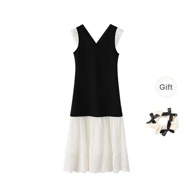 TURN UP Short Sleeved Dress Women's Black White+Bowknot Hair Tie Comes With-0