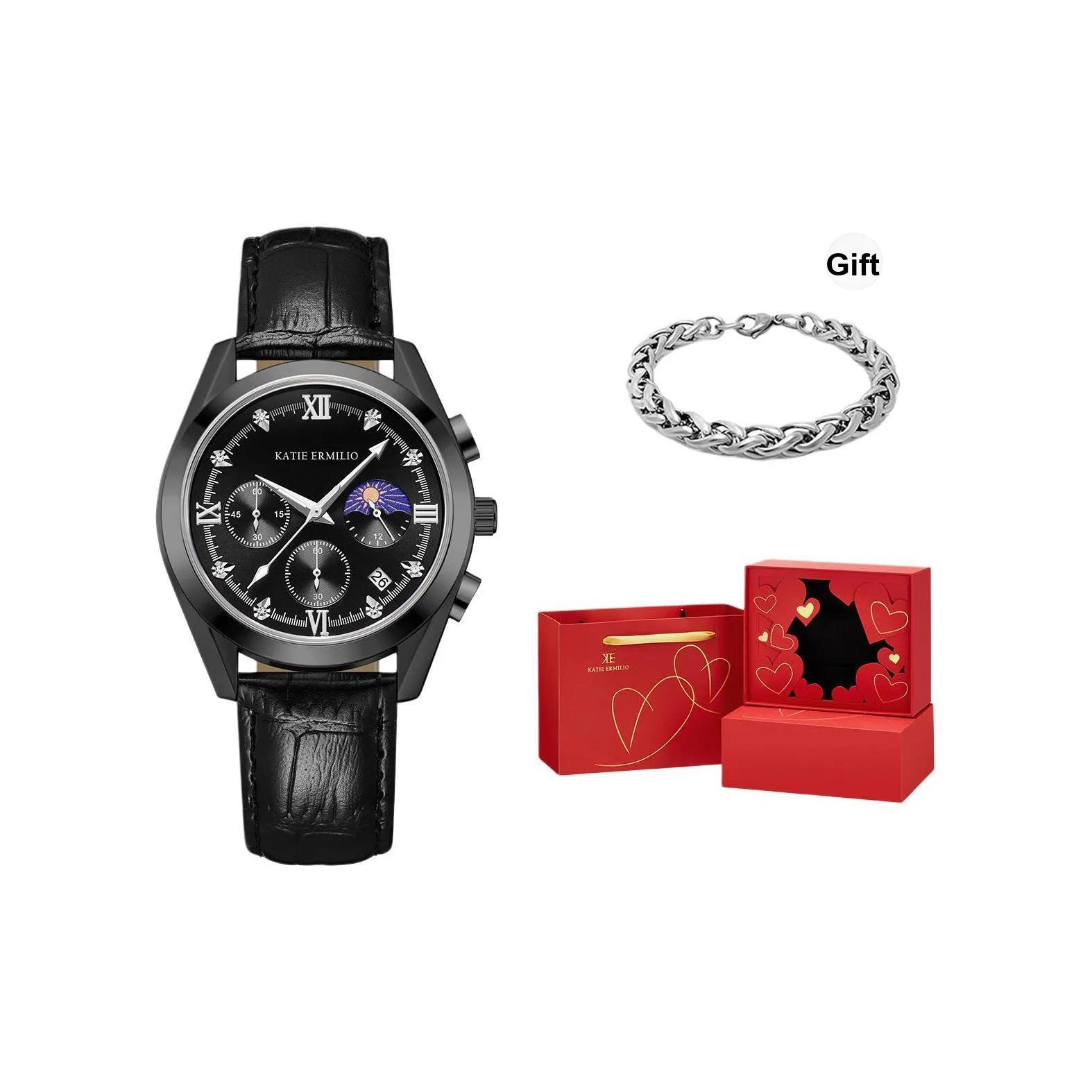 Katie Ermilio Наручные часы Кварцевый механизм Кожаный ремешок Черный циферблат Мужские часы Коробка признания в любви