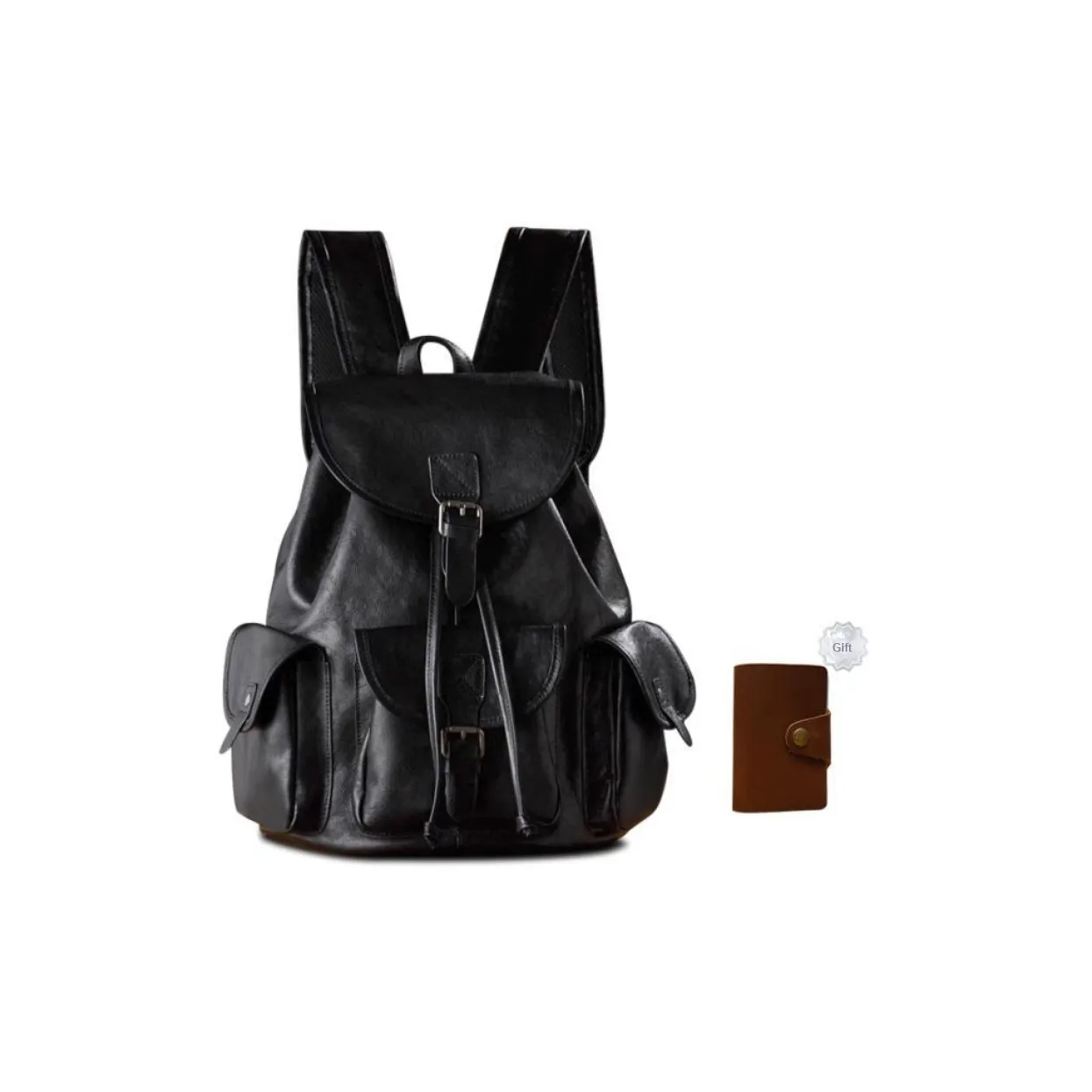 Simple&nature Vegetable Tanned Cow Leather Backpack Medium Size Unisex Black