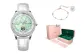 Rhinestone-Embellished Silver Case Green Strap White Belt