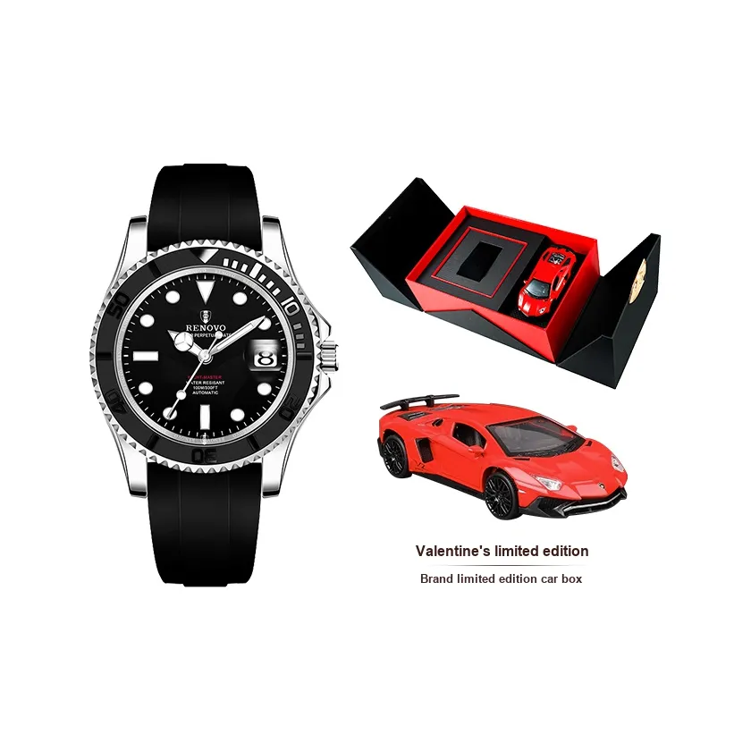 RENOVO Mechanical Movement Silicone Strap Watch Men's Watches Black Dial R88006