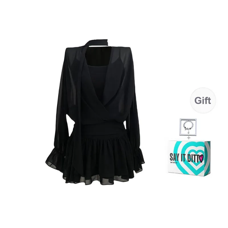 XUOIZA Long Sleeved Dress Women's Black+Bowknot Hair Tie Comes With-7