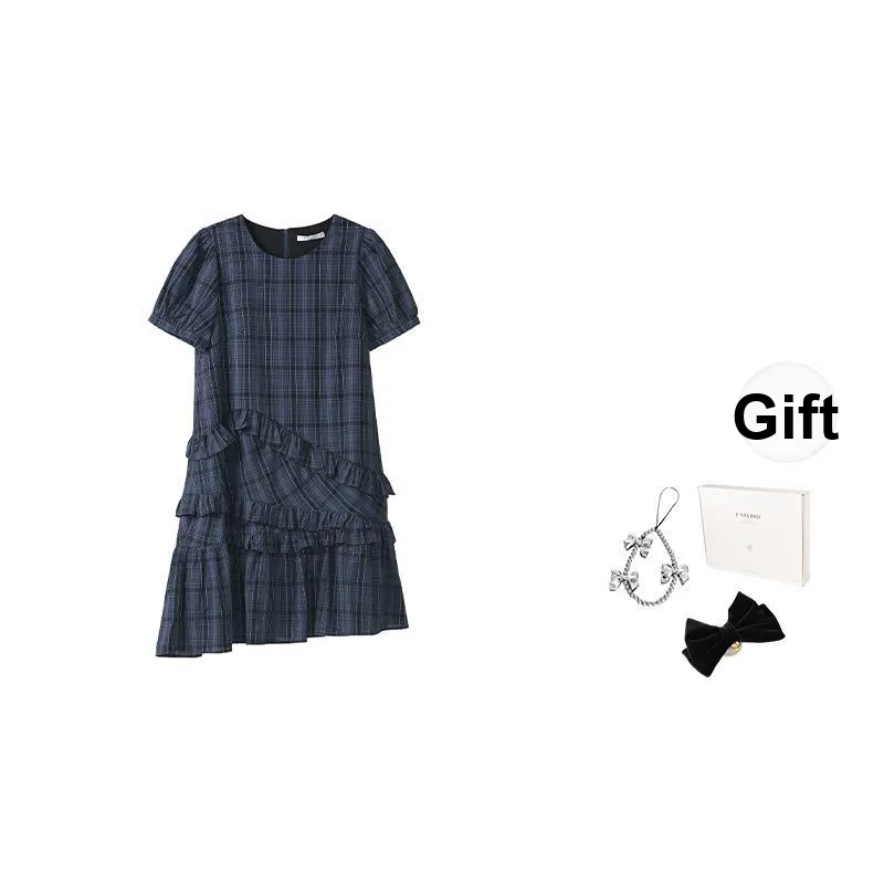 Fstudio Scottish Vintage Irregular Short Sleeved Dress Women's Navy Blue