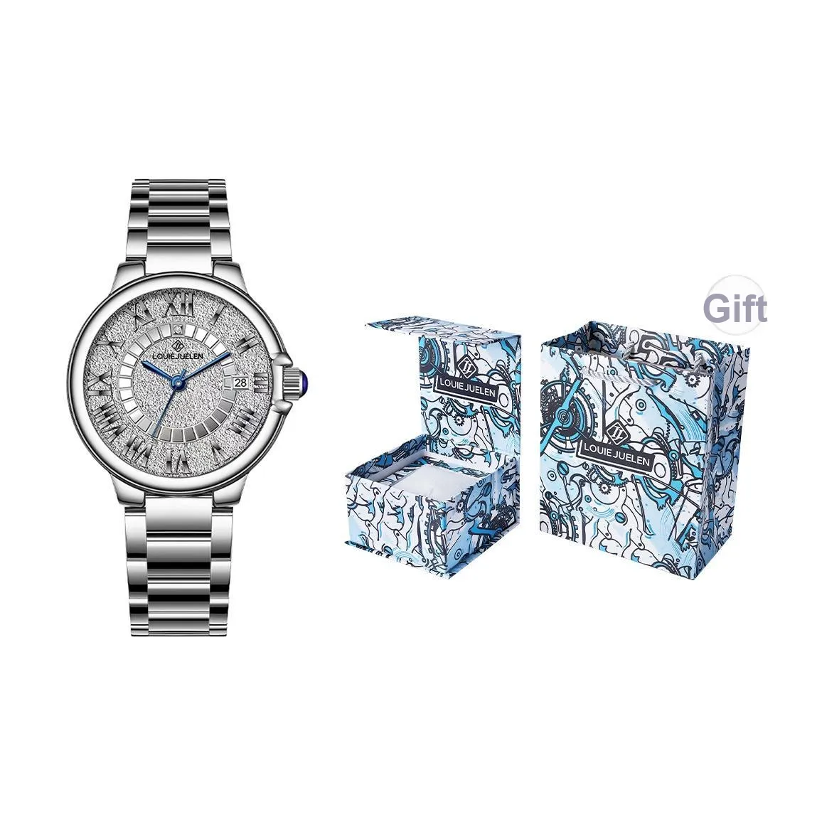 LOUIE JUELEN Кварцевый механизм ремешок из нержавеющей стали унисекс серебристый циферблат
