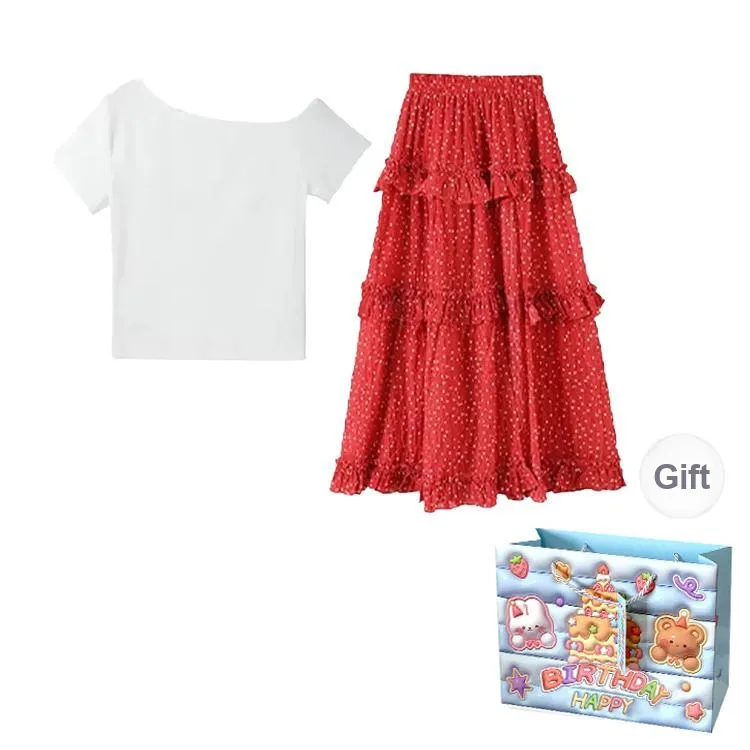 Gentle Welcome Skirt Set Women's White Top+Red Skirt-1