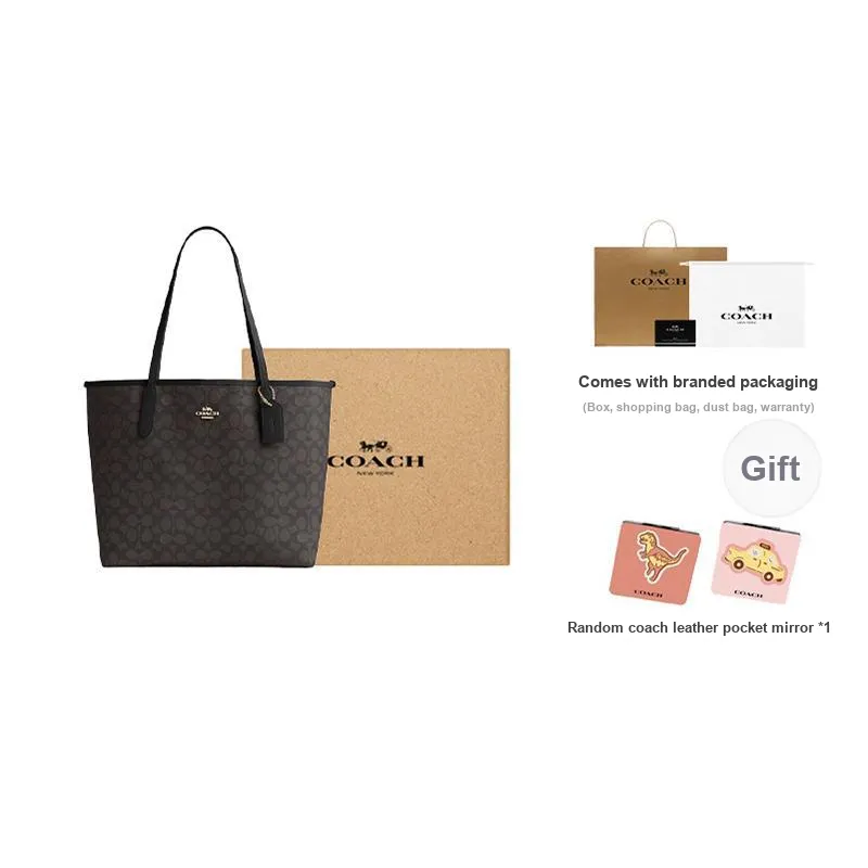 COACH City PVC With Leather Tote Bag, Shopping Bag, Shoulder Bag, Handbag Large Size Women's Black & Brown-8