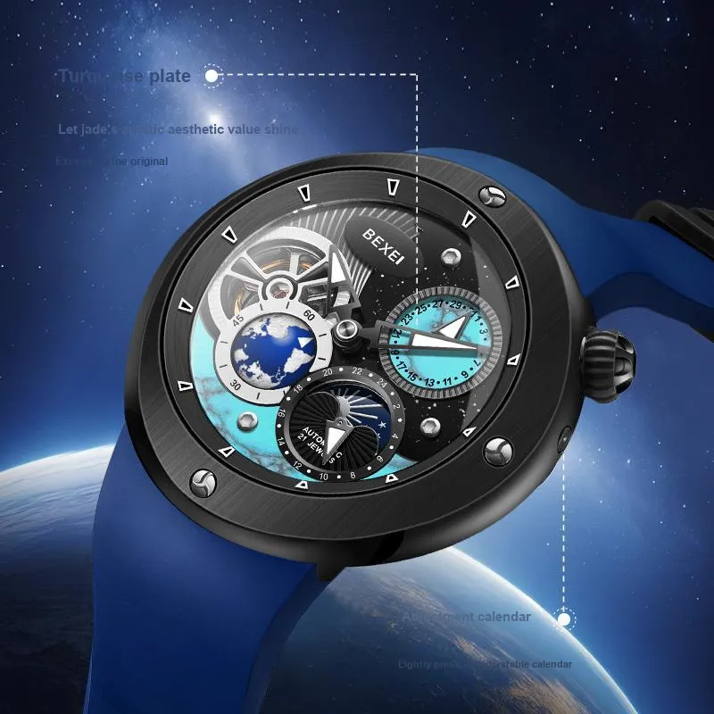 BEXEI The Wandering Earth Automatic Mechanical Movement Fluoroelastomer Strap Watch Men's Watches Black Dial-16
