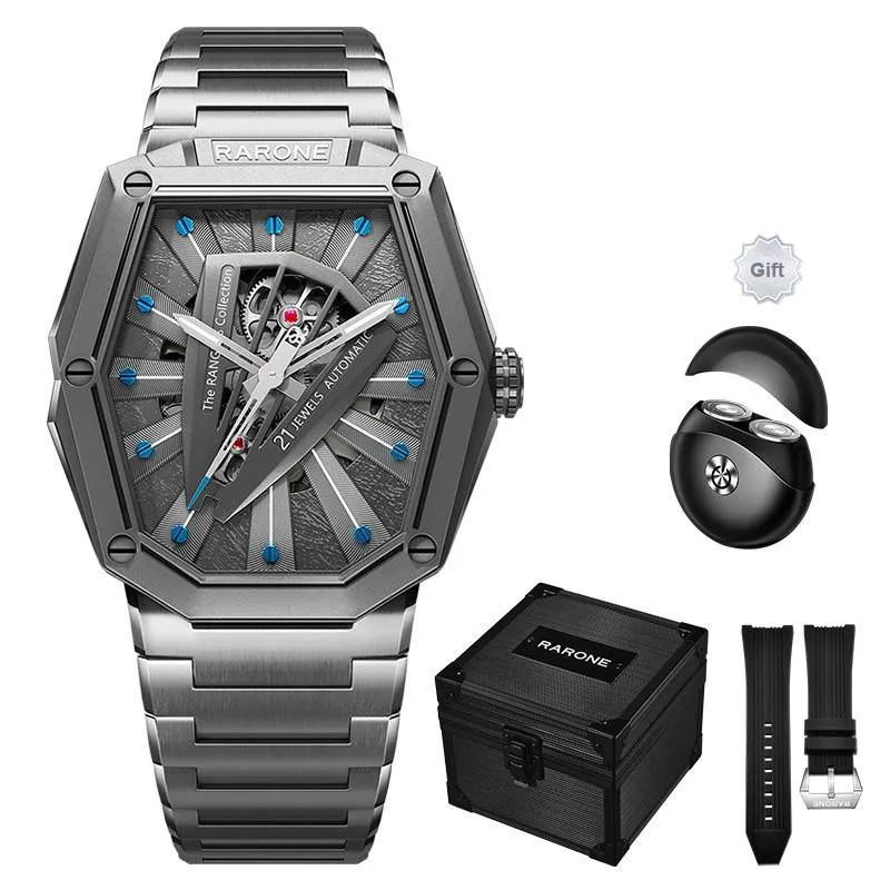 RARONE Knight Laser Knight Mechanical Movement Stainless Steel Watchband Watch Men's Watches Cut Out Dial